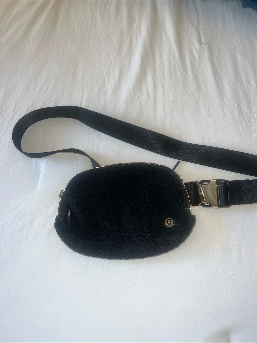 lululemon athletica Black fuzzy Crossbody Belt Bag with gold Hardware